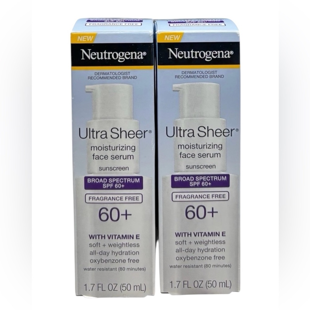 (2) Neutrogena Ultra Sheer SPF 60+ FRAGRANCE FREE Face Serum Old Formula 1.7oz